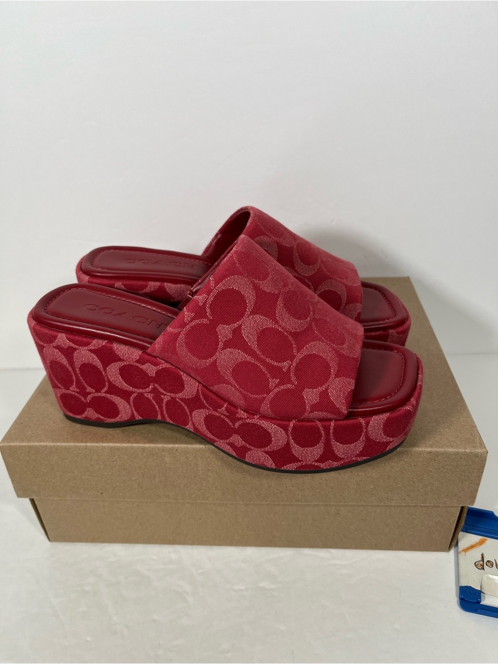 NIB COACH Women Phoebe Platform Sandal Signature Denim True Red - Picture 3 of 11